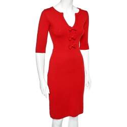 Pre Owned CH Carolina Herrera Red Wool Knit Bow Detail Dress XS