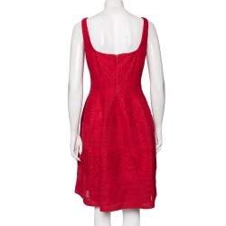 Carolina Herrera Red Lace & Mesh Paneled Sleeveless Flared Dress S