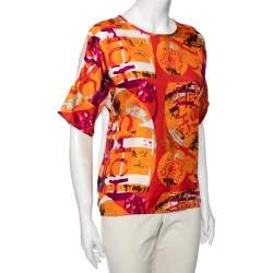 Pre Owned CH Carolina Herrera Multicolor Logo Printed Silk Crew Neck Top XS