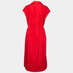 Pre Owned Carolina Herrera Red Taffeta Drawstring Waist Button Front Dress L