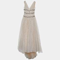Pre Owned Carolina Herrera Ivory Lurex Jacquard Crystal Embellished Gown M