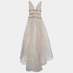 Pre Owned Carolina Herrera Ivory Lurex Jacquard Crystal Embellished Gown M