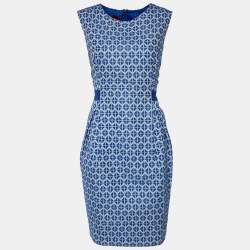CH Carolina Herrera Blue & White Patterned Sleeveless Midi Dress L