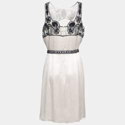 Pre Owned Carolina Herrera Cream Plisse Silk Embroidered Cutout Dress XL