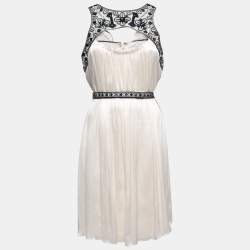 Pre Owned Carolina Herrera Cream Plisse Silk Embroidered Cutout Dress XL