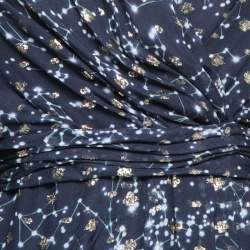 Pre Owned Carolina Herrera Navy Blue Printed Lurex Inset Silk Maxi Dress M