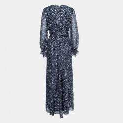 Pre Owned Carolina Herrera Navy Blue Printed Lurex Inset Silk Maxi Dress M