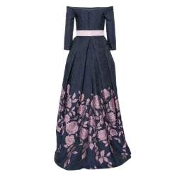 Carolina Herrera Navy Blue Floral Jacquard Off Shoulder Gown M