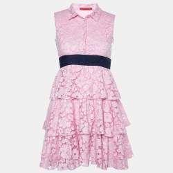 Pre Owned CH Carolina Herrera Pink Lace Contrast Waist Detail Sleeveless Tiered Mini Dress L