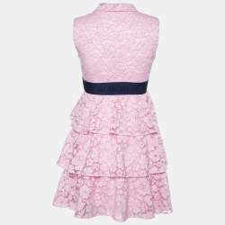 Pre Owned CH Carolina Herrera Pink Lace Contrast Waist Detail Sleeveless Tiered Mini Dress L