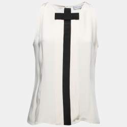 Carolina Herrera Cream Crepe Contrast Trim Sleeveless A-Line Blouse M