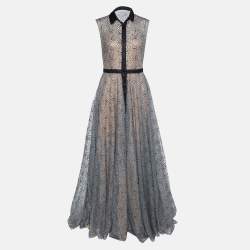 Carolina Herrera Silver Glitter Mesh Sleeveless Button Front Gown M