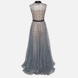 Carolina Herrera Silver Glitter Mesh Sleeveless Button Front Gown M