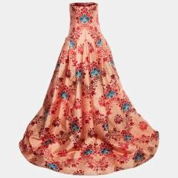 Carolina Herrera Light Orange Floral Jacquard Strapless Pleated High-Low Gown M 