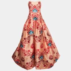 Carolina Herrera Light Orange Floral Jacquard Strapless Pleated High-Low Gown M 