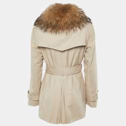 Carolina Herrera Beige Gabardine & Fur Detail Collar Trench Coat L