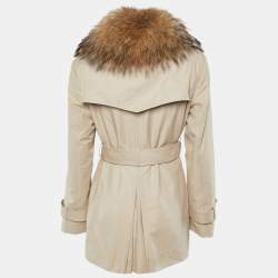 Pre Owned Carolina Herrera Beige Gabardine & Fur Detail Collar Trench Coat L