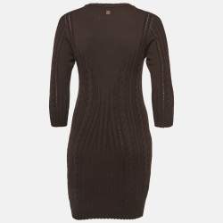 Pre Owned Carolina Herrera Brown Cable Knit Flounce Midi Dress S