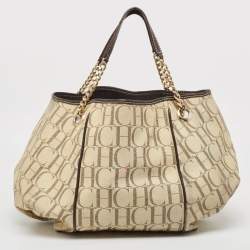 Carolina Herrera Cream/Brown Monogram Coated Canvas and Leather Chain Hobo