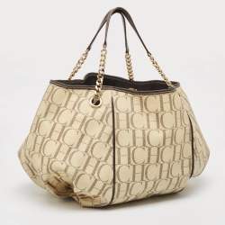 Carolina Herrera Cream/Brown Monogram Coated Canvas and Leather Chain Hobo