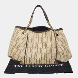 Carolina Herrera Cream/Brown Monogram Coated Canvas and Leather Chain Hobo