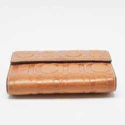 Carolina Herrera Brown Monogram Embossed Leather Trifold Wallet