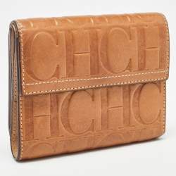 Carolina Herrera Brown Monogram Embossed Leather Trifold Wallet