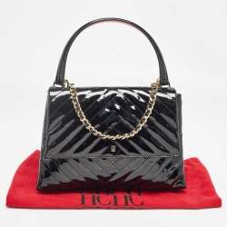 Carolina Herrera Black Diagonal Quilted Patent Leather Flap Top Handle Bag