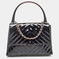 Carolina Herrera Black Diagonal Quilted Patent Leather Flap Top Handle Bag