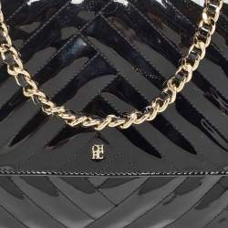 Carolina Herrera Black Diagonal Quilted Patent Leather Flap Top Handle Bag