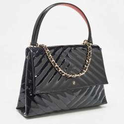 Carolina Herrera Black Diagonal Quilted Patent Leather Flap Top Handle Bag