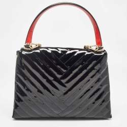 Carolina Herrera Black Diagonal Quilted Patent Leather Flap Top Handle Bag
