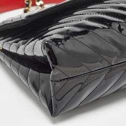 Carolina Herrera Black Diagonal Quilted Patent Leather Flap Top Handle Bag