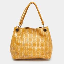 Carolina Herrera Gold/Mustard Monogram Embossed Leather Ring Handle Hobo