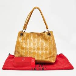 Carolina Herrera Gold/Mustard Monogram Embossed Leather Ring Handle Hobo