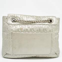 Pre Owned Carolina Herrera Silver Monogram Leather Audrey Shoulder Bag