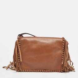 Carolina Herrera Brown Leather Fringe Detachable Crossbody Bag