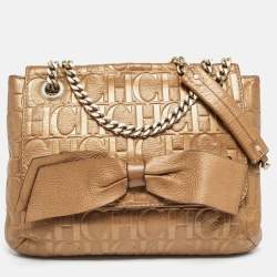 Carolina Herrera Gold Monogram Leather Audrey Shoulder Bag