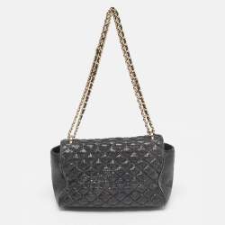 Carolina Herrera Black Quilted Textured Patent Leather Flap Chain Shoulder Bag