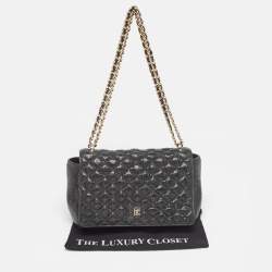 Carolina Herrera Black Quilted Textured Patent Leather Flap Chain Shoulder Bag