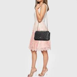 Carolina Herrera Black Quilted Textured Patent Leather Flap Chain Shoulder Bag