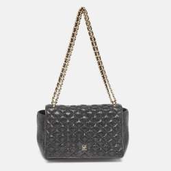 Carolina Herrera Black Quilted Textured Patent Leather Flap Chain Shoulder Bag