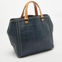 Pre Owned Carolina Herrera Blue/Beige Monogram Embossed Leather Andy Tote