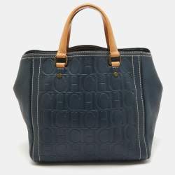 Pre Owned Carolina Herrera Blue/Beige Monogram Embossed Leather Andy Tote