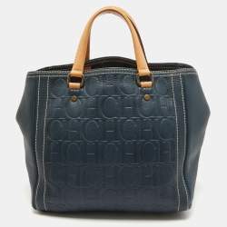 Pre Owned Carolina Herrera Blue/Beige Monogram Embossed Leather Andy Tote