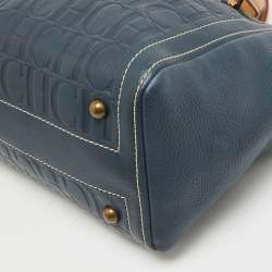 Pre Owned Carolina Herrera Blue/Beige Monogram Embossed Leather Andy Tote