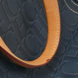 Pre Owned Carolina Herrera Blue/Beige Monogram Embossed Leather Andy Tote