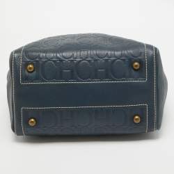 Pre Owned Carolina Herrera Blue/Beige Monogram Embossed Leather Andy Tote