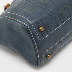 Pre Owned Carolina Herrera Blue/Beige Monogram Embossed Leather Andy Tote