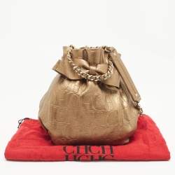 Carolina Herrera Gold Monogram Embossed Leather Bow Bucket Bag
